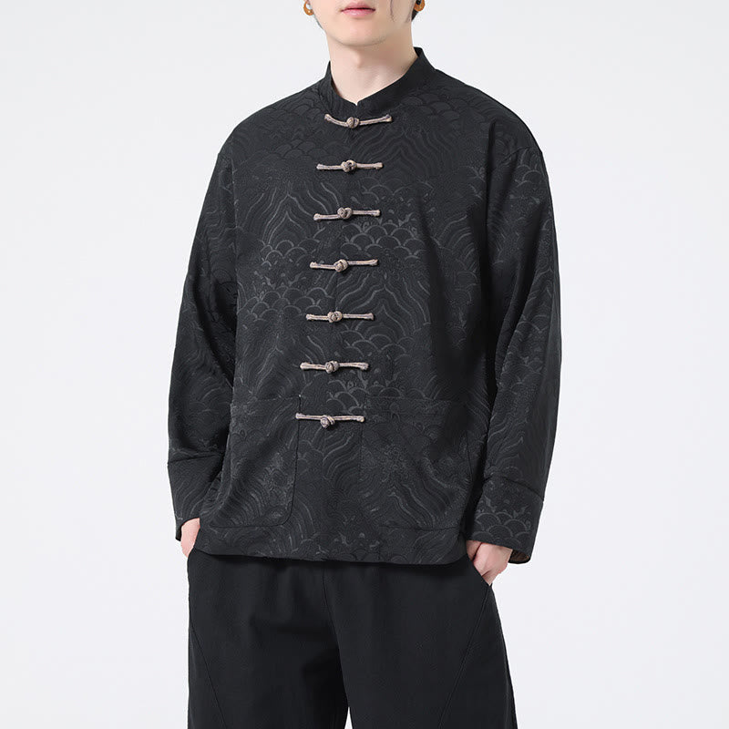 Buddha Stones Frog-Button Mountain Wave Pattern Long Sleeve Men's Cotton Jacket With Pockets - image 10