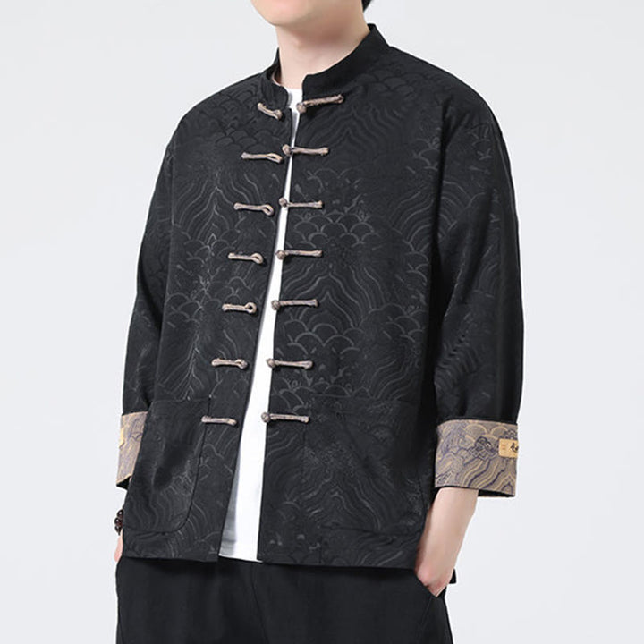 Buddha Stones Frog-Button Mountain Wave Pattern Long Sleeve Men's Cotton Jacket With Pockets - image 16