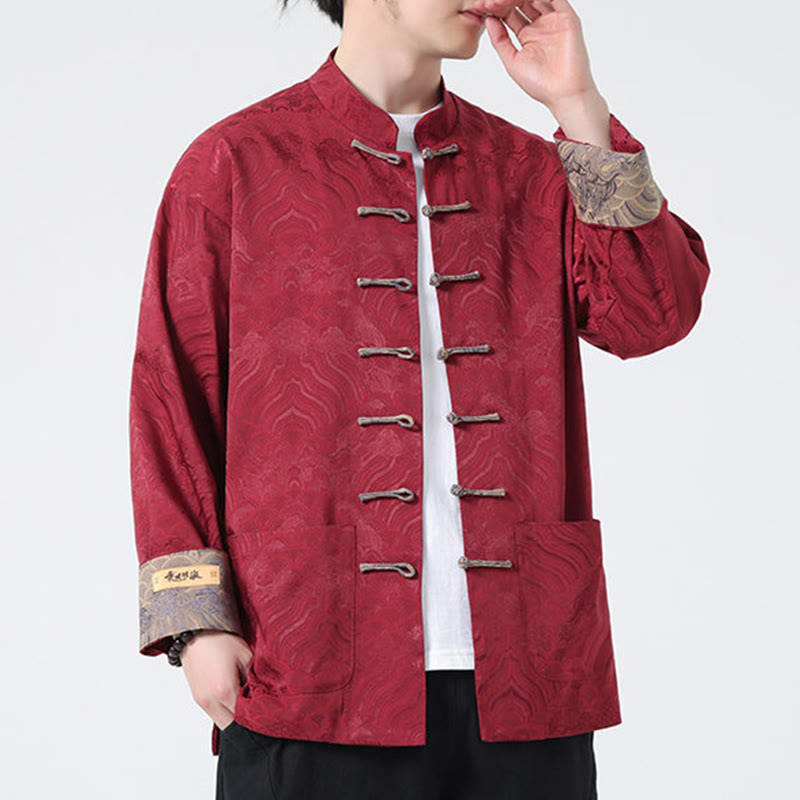 Buddha Stones Frog-Button Mountain Wave Pattern Long Sleeve Men's Cotton Jacket With Pockets - image 5