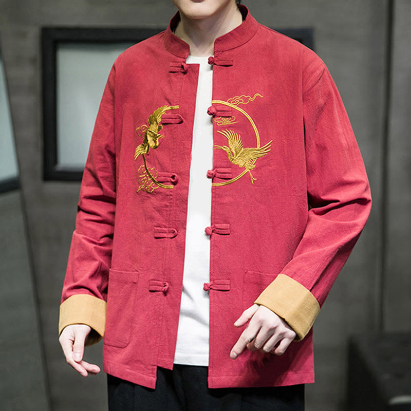 Buddha Stones Embroidery Cranes Pattern Frog-Button Men's Cotton Long Sleeve Jacket With Pockets - image 2