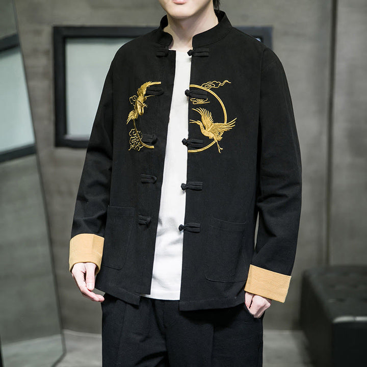 Buddha Stones Embroidery Cranes Pattern Frog-Button Men's Cotton Long Sleeve Jacket With Pockets - image 22
