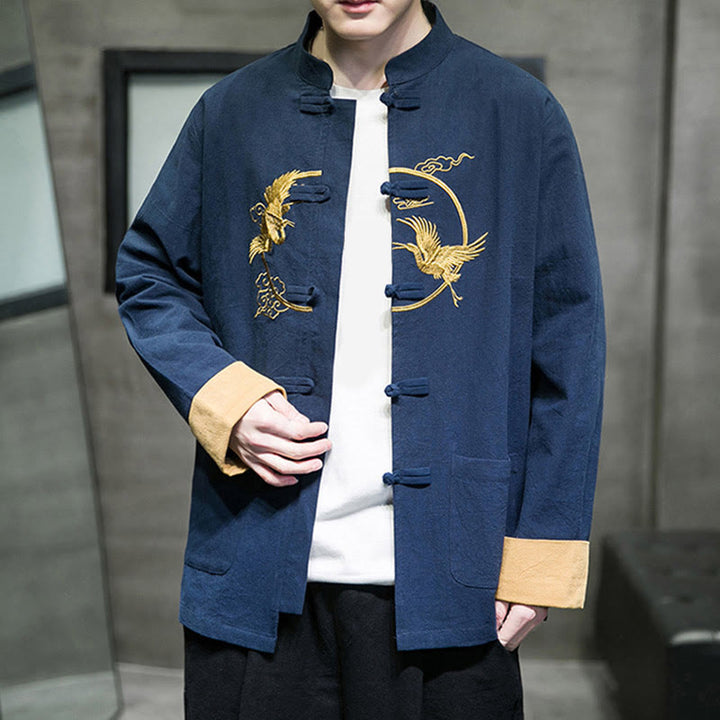 Buddha Stones Embroidery Cranes Pattern Frog-Button Men's Cotton Long Sleeve Jacket With Pockets - image 32