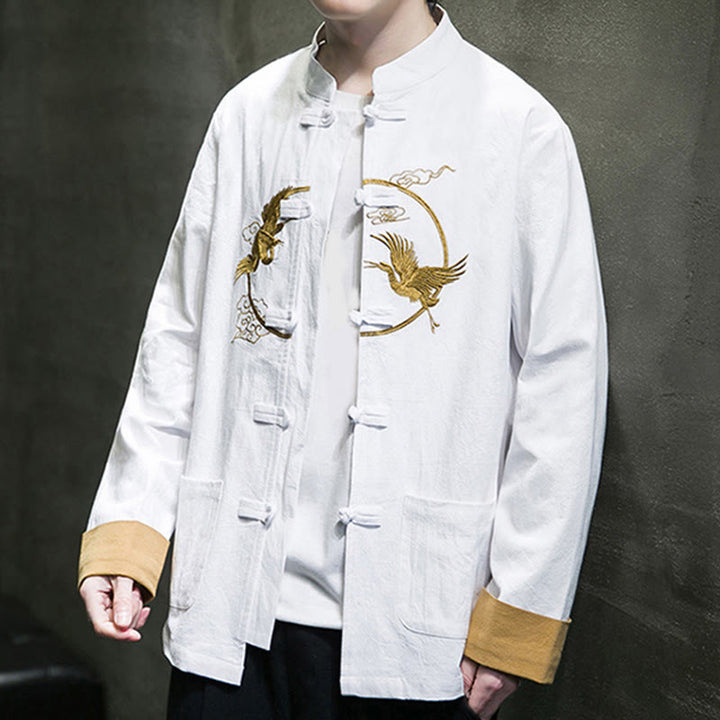 Buddha Stones Embroidery Cranes Pattern Frog-Button Men's Cotton Long Sleeve Jacket With Pockets - image 11