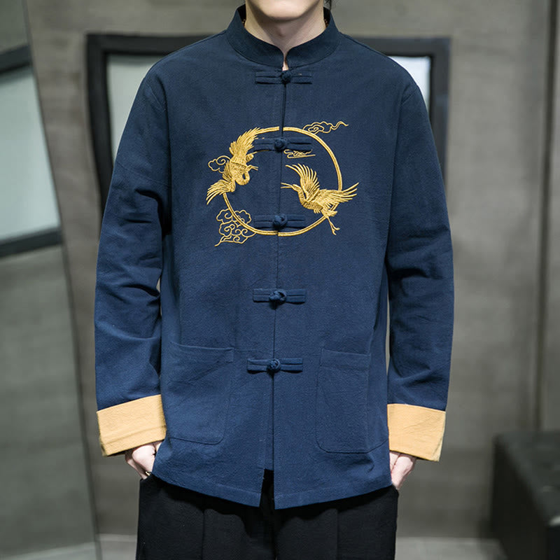 Buddha Stones Embroidery Cranes Pattern Frog-Button Men's Cotton Long Sleeve Jacket With Pockets - DarkBlue - US/UK/AU46，EU56 (5XL) - image 29