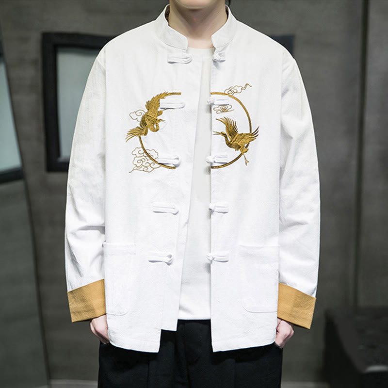 Buddha Stones Embroidery Cranes Pattern Frog-Button Men's Cotton Long Sleeve Jacket With Pockets - image 9
