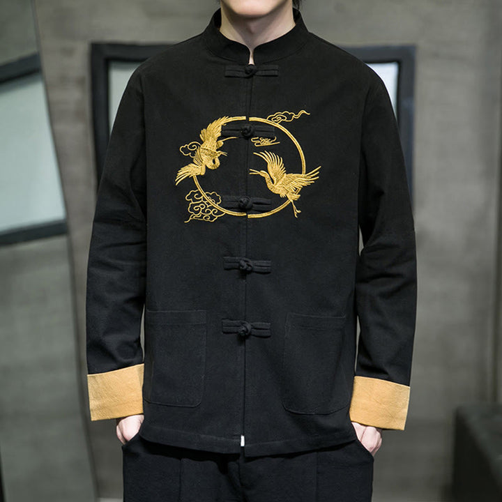 Buddha Stones Embroidery Cranes Pattern Frog-Button Men's Cotton Long Sleeve Jacket With Pockets - Black - US/UK/AU46，EU56 (5XL) - image 19