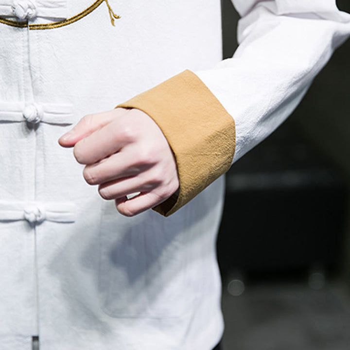 Buddha Stones Embroidery Cranes Pattern Frog-Button Men's Cotton Long Sleeve Jacket With Pockets - image 17