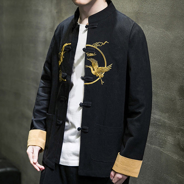 Buddha Stones Embroidery Cranes Pattern Frog-Button Men's Cotton Long Sleeve Jacket With Pockets - image 25