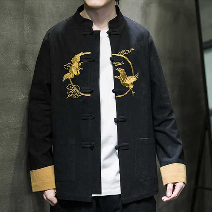 Buddha Stones Embroidery Cranes Pattern Frog-Button Men's Cotton Long Sleeve Jacket With Pockets - image 26
