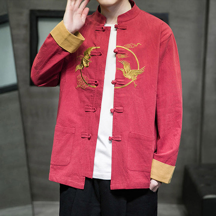 Buddha Stones Embroidery Cranes Pattern Frog-Button Men's Cotton Long Sleeve Jacket With Pockets - Crimson - US/UK/AU46，EU56 (5XL) - image 0