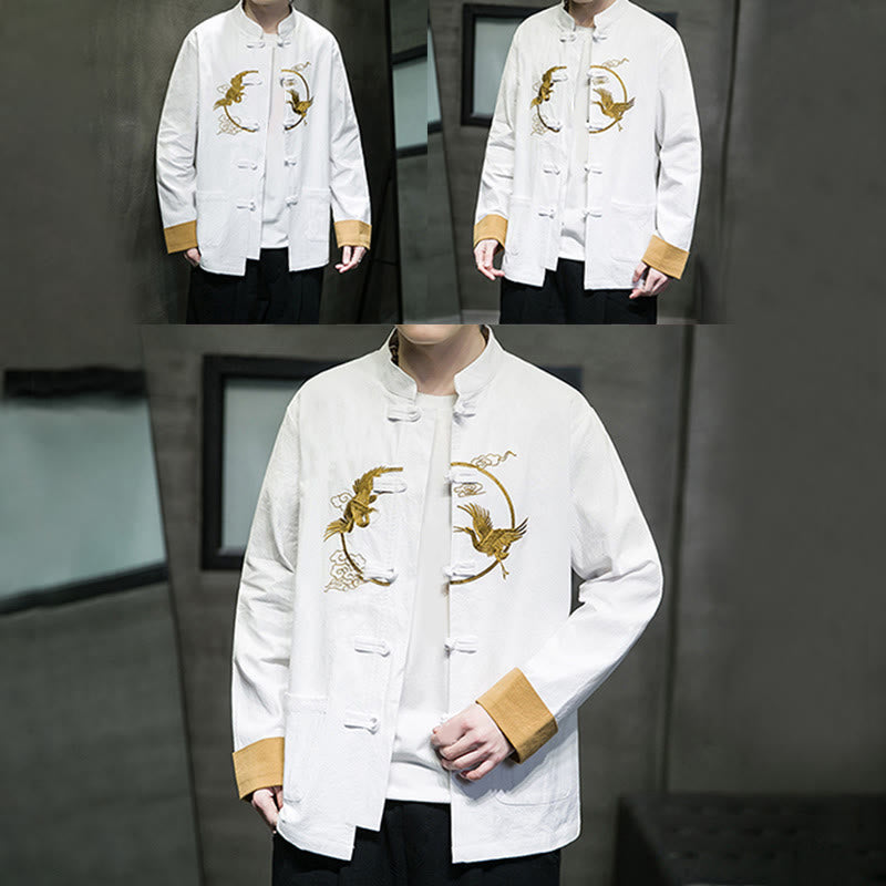 Buddha Stones Embroidery Cranes Pattern Frog-Button Men's Cotton Long Sleeve Jacket With Pockets - image 18
