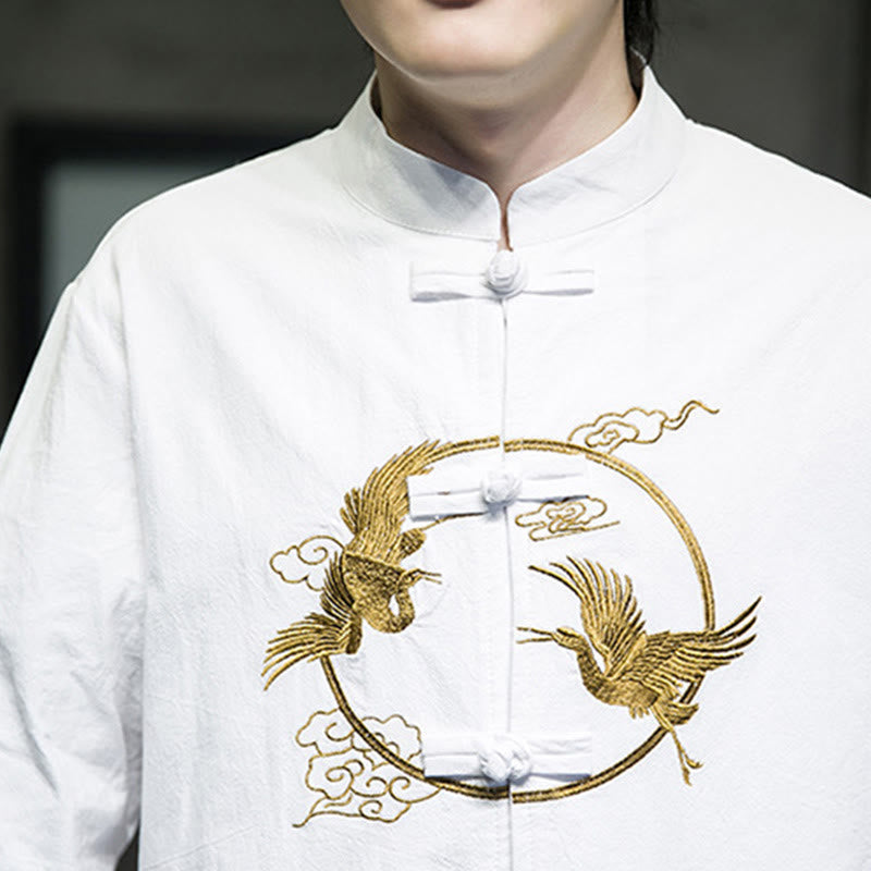 Buddha Stones Embroidery Cranes Pattern Frog-Button Men's Cotton Long Sleeve Jacket With Pockets - image 14