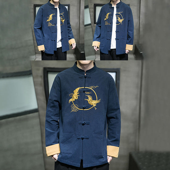 Buddha Stones Embroidery Cranes Pattern Frog-Button Men's Cotton Long Sleeve Jacket With Pockets - image 36