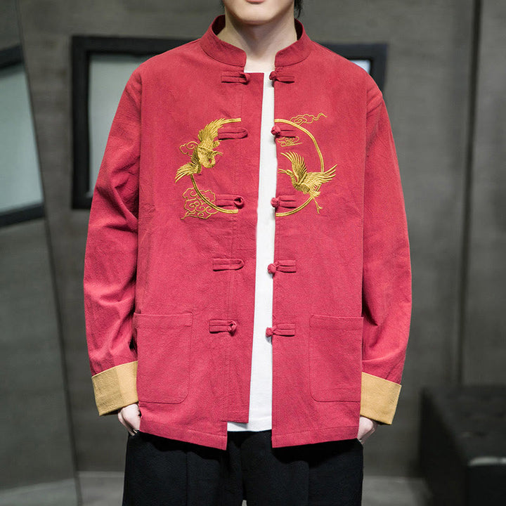 Buddha Stones Embroidery Cranes Pattern Frog-Button Men's Cotton Long Sleeve Jacket With Pockets - image 3