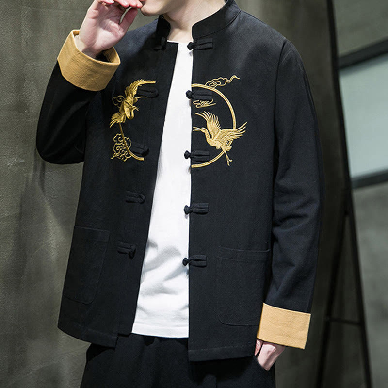 Buddha Stones Embroidery Cranes Pattern Frog-Button Men's Cotton Long Sleeve Jacket With Pockets - image 24