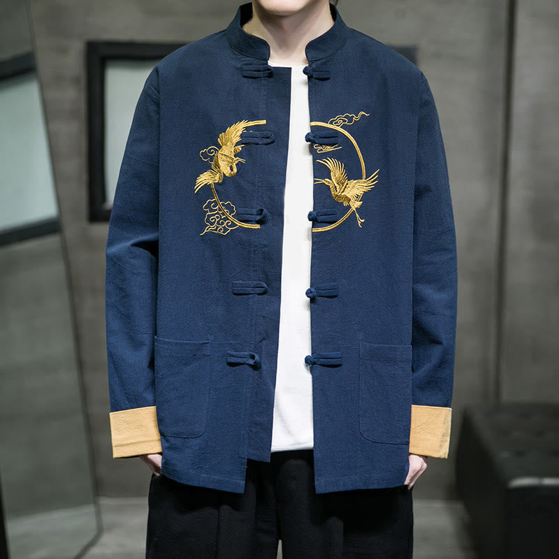 Buddha Stones Embroidery Cranes Pattern Frog-Button Men's Cotton Long Sleeve Jacket With Pockets - image 30