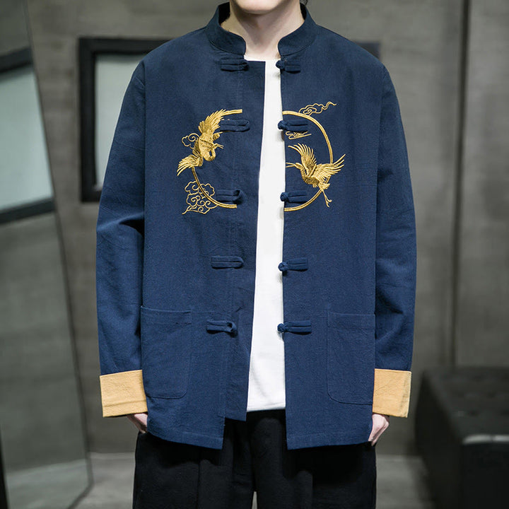 Buddha Stones Embroidery Cranes Pattern Frog-Button Men's Cotton Long Sleeve Jacket With Pockets - image 30