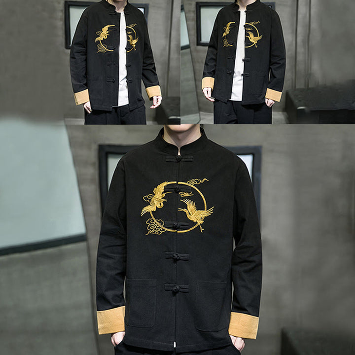 Buddha Stones Embroidery Cranes Pattern Frog-Button Men's Cotton Long Sleeve Jacket With Pockets - image 28