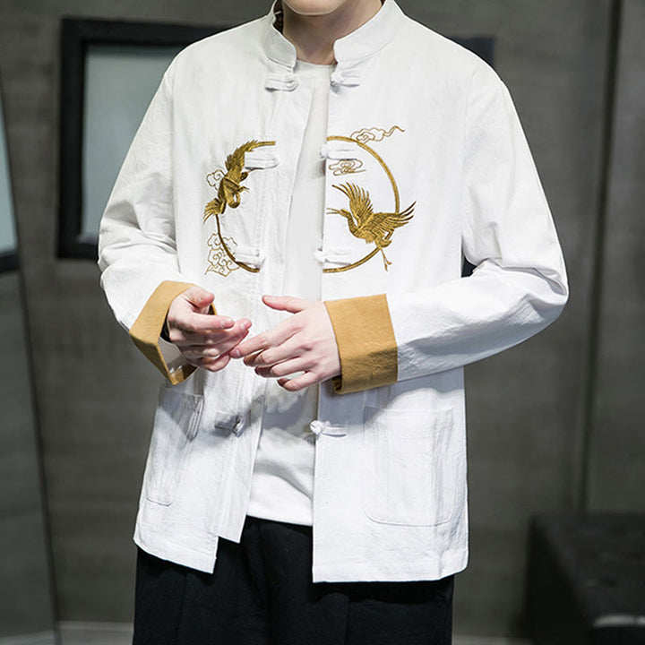 Buddha Stones Embroidery Cranes Pattern Frog-Button Men's Cotton Long Sleeve Jacket With Pockets - image 13