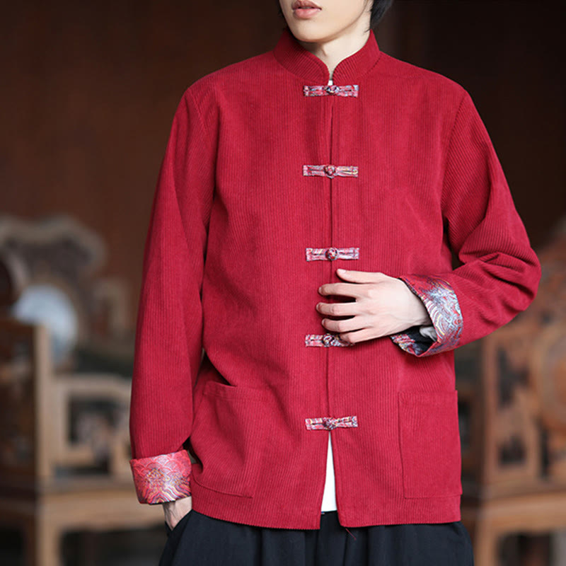 Buddha Stones Spring Jacquard Frog-Button Men's Cotton Corduroy Long Sleeve Jacket With Pockets - image 4
