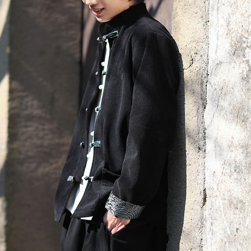 Buddha Stones Spring Jacquard Frog-Button Men's Cotton Corduroy Long Sleeve Jacket With Pockets - image 18