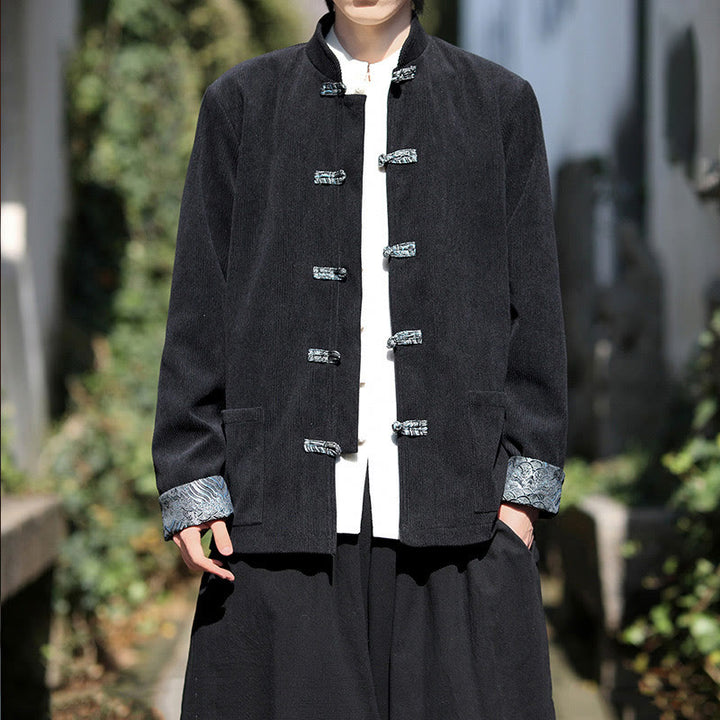 Buddha Stones Spring Jacquard Frog-Button Men's Cotton Corduroy Long Sleeve Jacket With Pockets - image 11