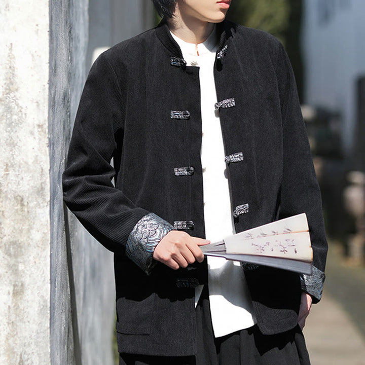 Buddha Stones Spring Jacquard Frog-Button Men's Cotton Corduroy Long Sleeve Jacket With Pockets - image 19