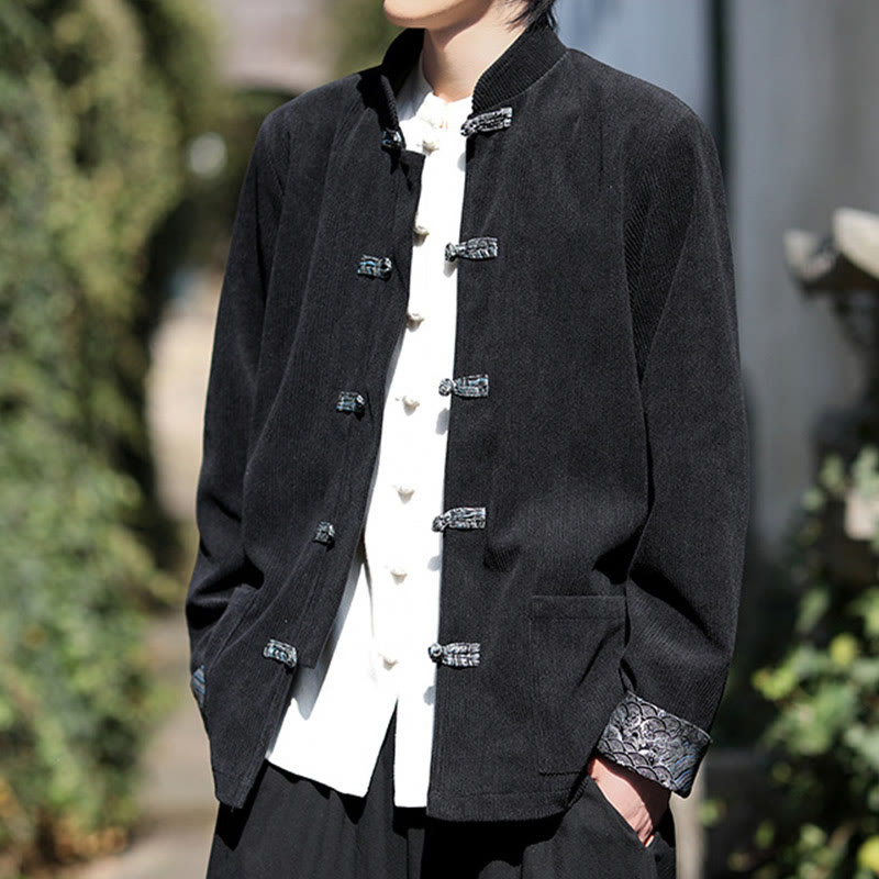 Buddha Stones Spring Jacquard Frog-Button Men's Cotton Corduroy Long Sleeve Jacket With Pockets - image 13