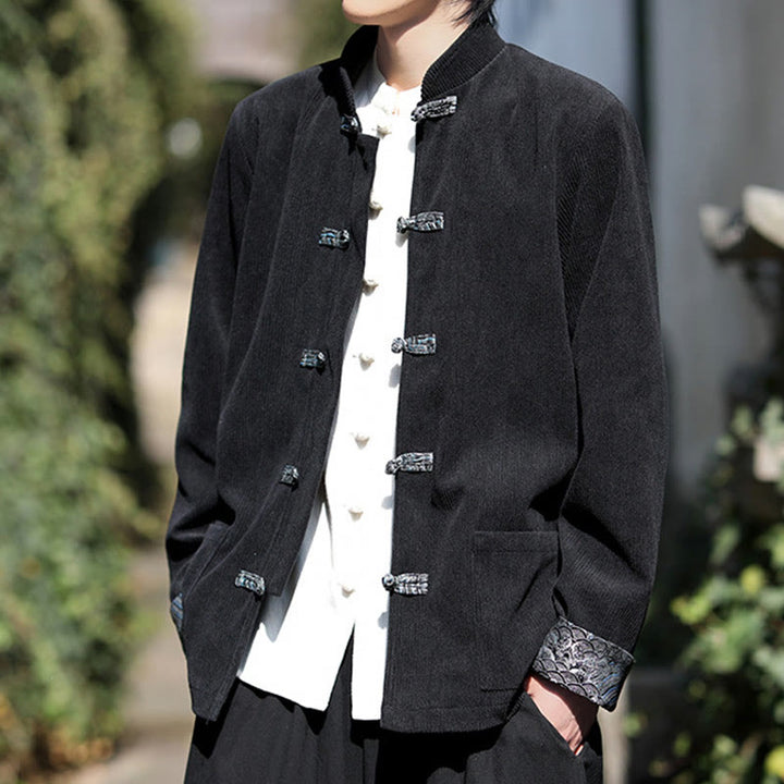 Buddha Stones Spring Jacquard Frog-Button Men's Cotton Corduroy Long Sleeve Jacket With Pockets - image 13