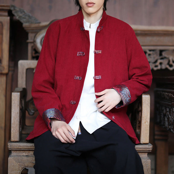 Buddha Stones Spring Jacquard Frog-Button Men's Cotton Corduroy Long Sleeve Jacket With Pockets - image 8