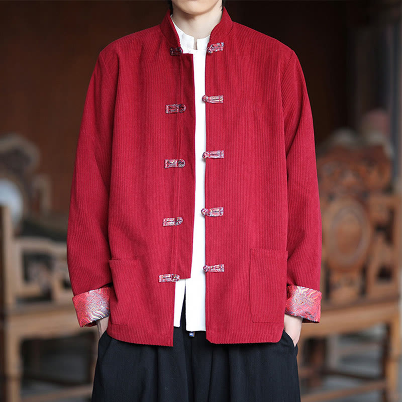 Buddha Stones Spring Jacquard Frog-Button Men's Cotton Corduroy Long Sleeve Jacket With Pockets - Crimson - US/UK/AU46，EU56 (5XL) - image 0