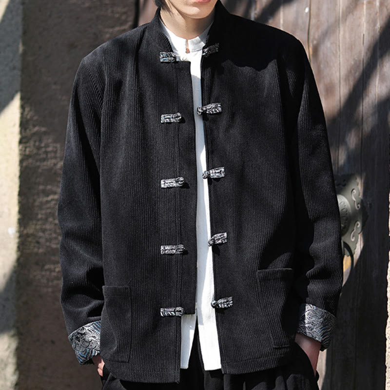 Buddha Stones Spring Jacquard Frog-Button Men's Cotton Corduroy Long Sleeve Jacket With Pockets - image 16