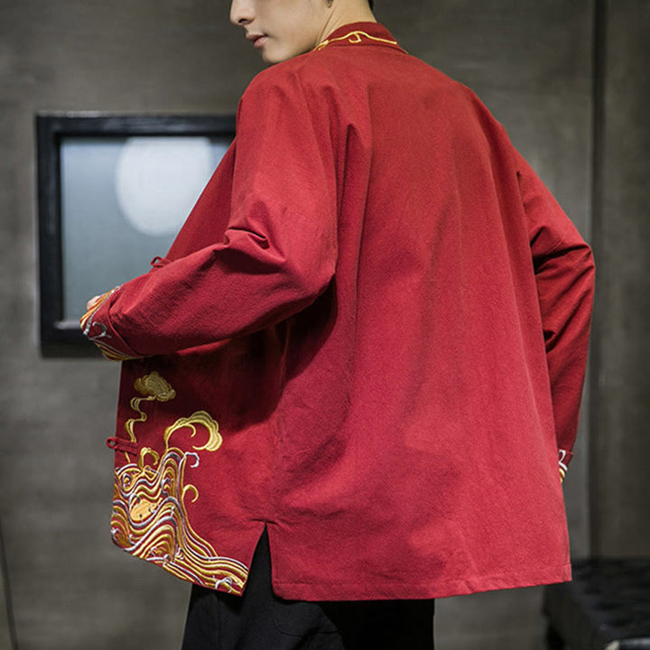 Buddha Stones Embroiderd Clouds Frog-Button Long Sleeve Men's Cotton Tang Suit Jacket - image 2