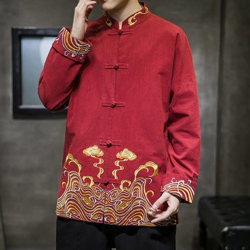 Buddha Stones Embroiderd Clouds Frog-Button Long Sleeve Men's Cotton Tang Suit Jacket - image 1