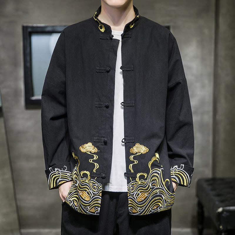 Buddha Stones Embroiderd Clouds Frog-Button Long Sleeve Men's Cotton Tang Suit Jacket - image 11