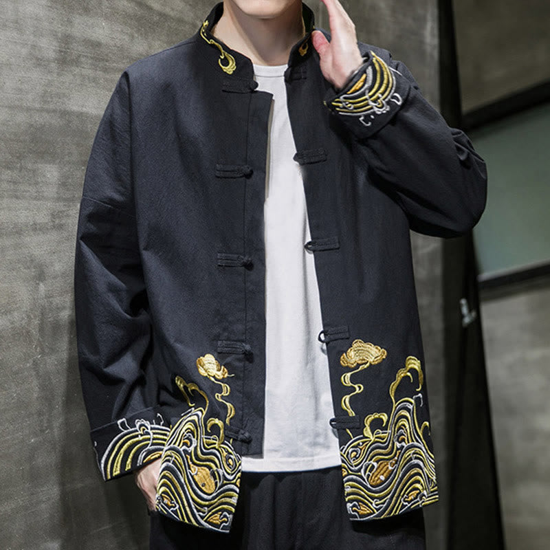 Buddha Stones Embroiderd Clouds Frog-Button Long Sleeve Men's Cotton Tang Suit Jacket - image 16