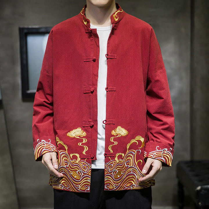 Buddha Stones Embroiderd Clouds Frog-Button Long Sleeve Men's Cotton Tang Suit Jacket - image 3