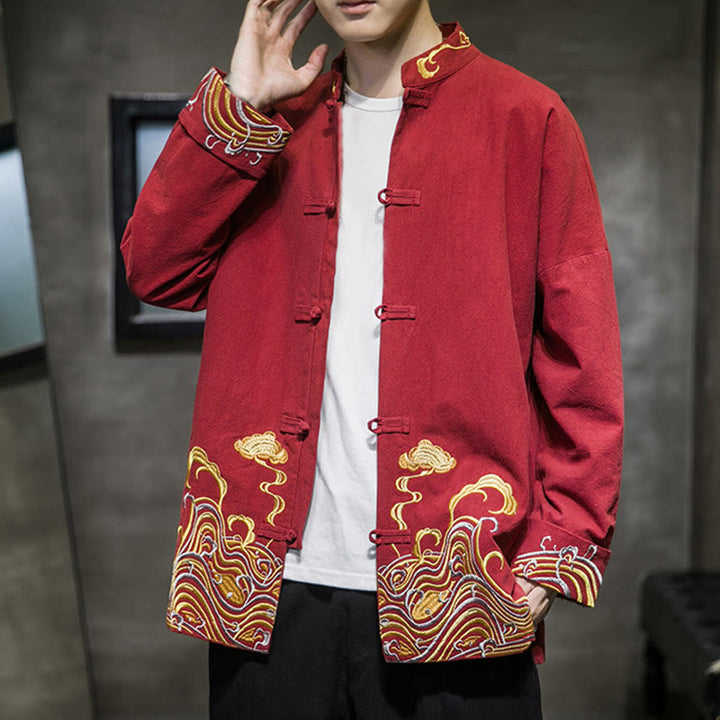 Buddha Stones Embroiderd Clouds Frog-Button Long Sleeve Men's Cotton Tang Suit Jacket - image 5