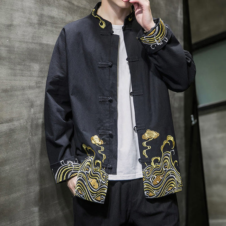 Buddha Stones Embroiderd Clouds Frog-Button Long Sleeve Men's Cotton Tang Suit Jacket - image 17