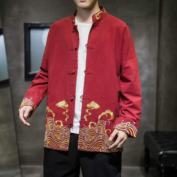Buddha Stones Embroidered Clouds Frog-Button Long Sleeve Men's Cotton Tang Suit Jacket - image 4