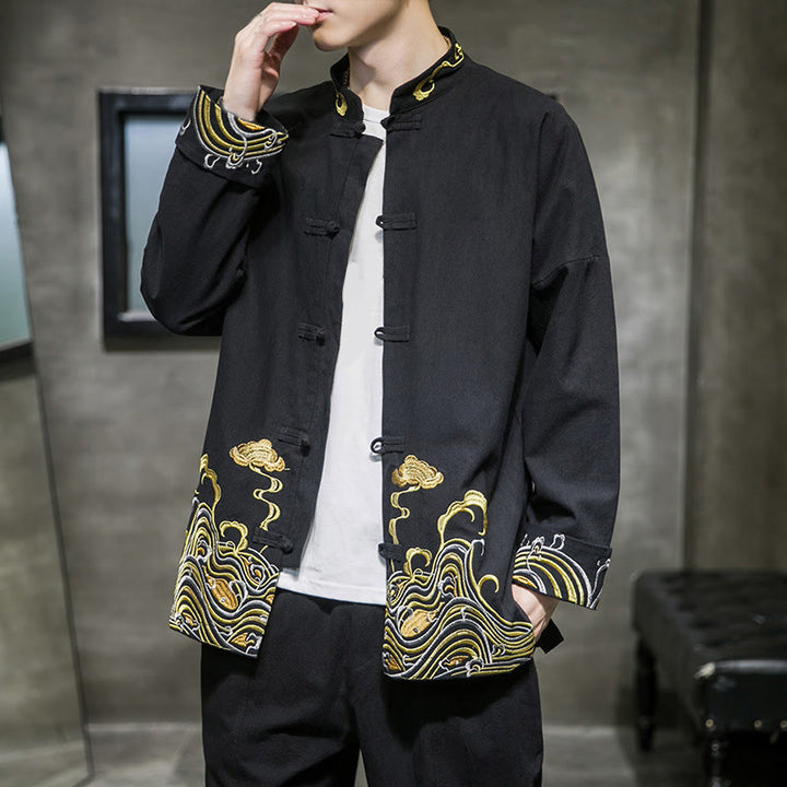 Buddha Stones Embroiderd Clouds Frog-Button Long Sleeve Men's Cotton Tang Suit Jacket - image 10