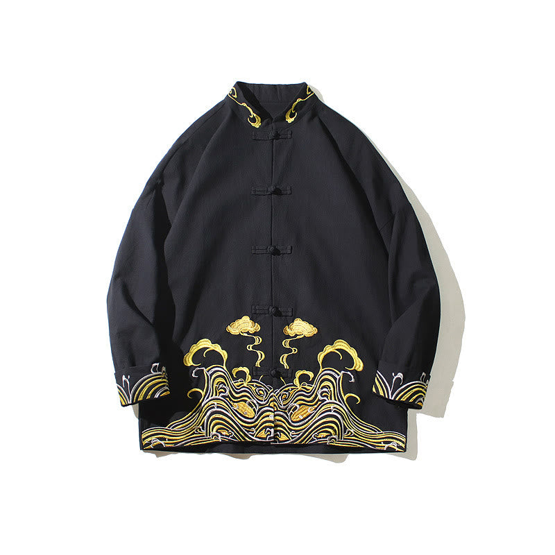 Buddha Stones Embroidered Clouds Frog-Button Long Sleeve Men's Cotton Tang Suit Jacket - image 19