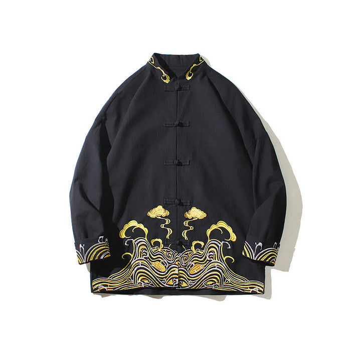 Buddha Stones Embroidered Clouds Frog-Button Long Sleeve Men's Cotton Tang Suit Jacket - image 19