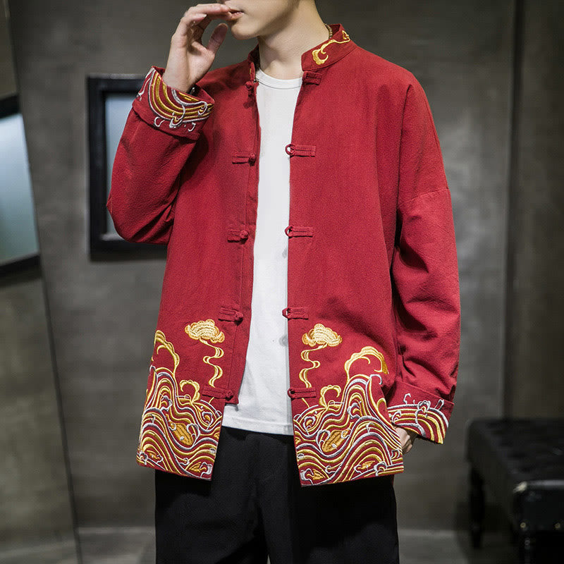 Buddha Stones Embroidered Clouds Frog-Button Long Sleeve Men's Cotton Tang Suit Jacket - Crimson - US/UK/AU46，EU56 (5XL) - image 0