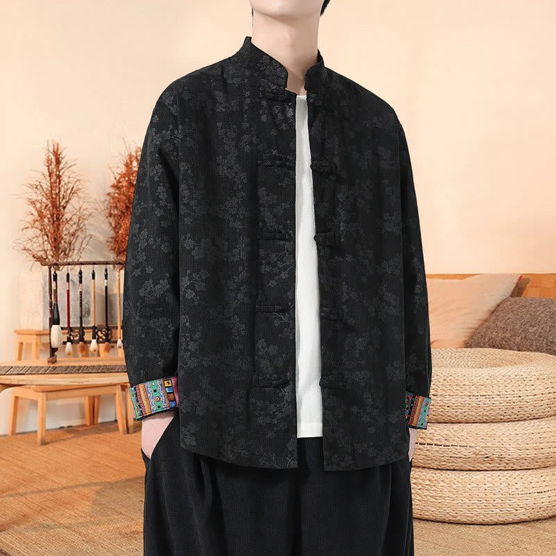 Buddha Stones Plain Plum Blossom Pattern Long Sleeve Men's Cotton Corduroy Tang Suit Jacket - Black - US/UK/AU46，EU56 (5XL) - image 4