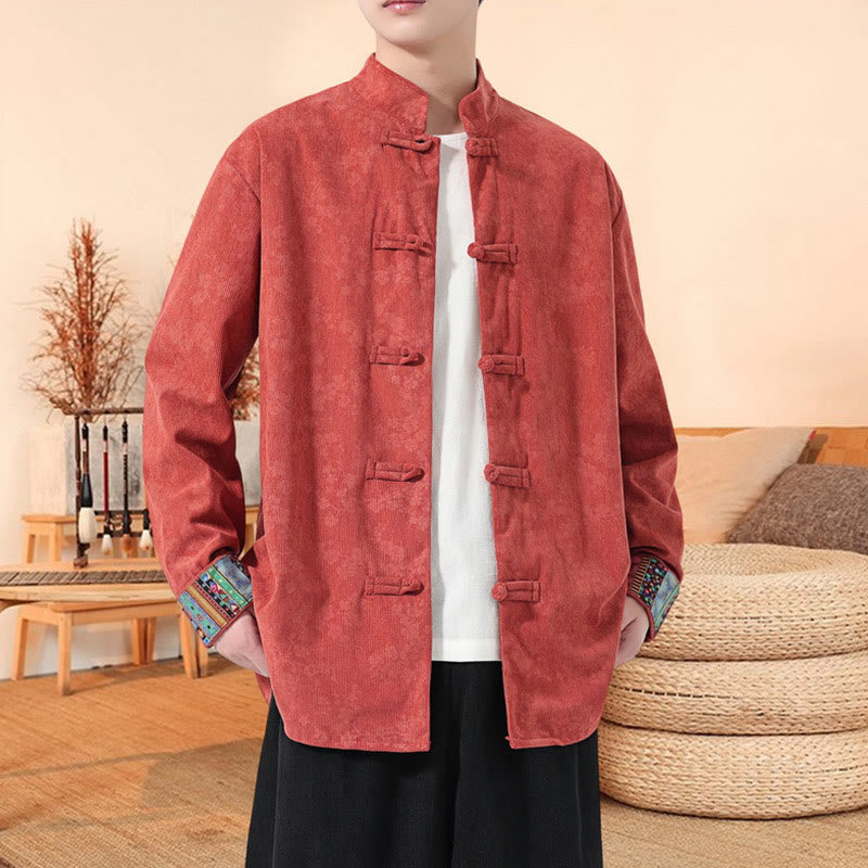 Buddha Stones Plain Plum Blossom Pattern Long Sleeve Men's Cotton Corduroy Tang Suit Jacket - Tomato - US/UK/AU46，EU56 (5XL) - image 9