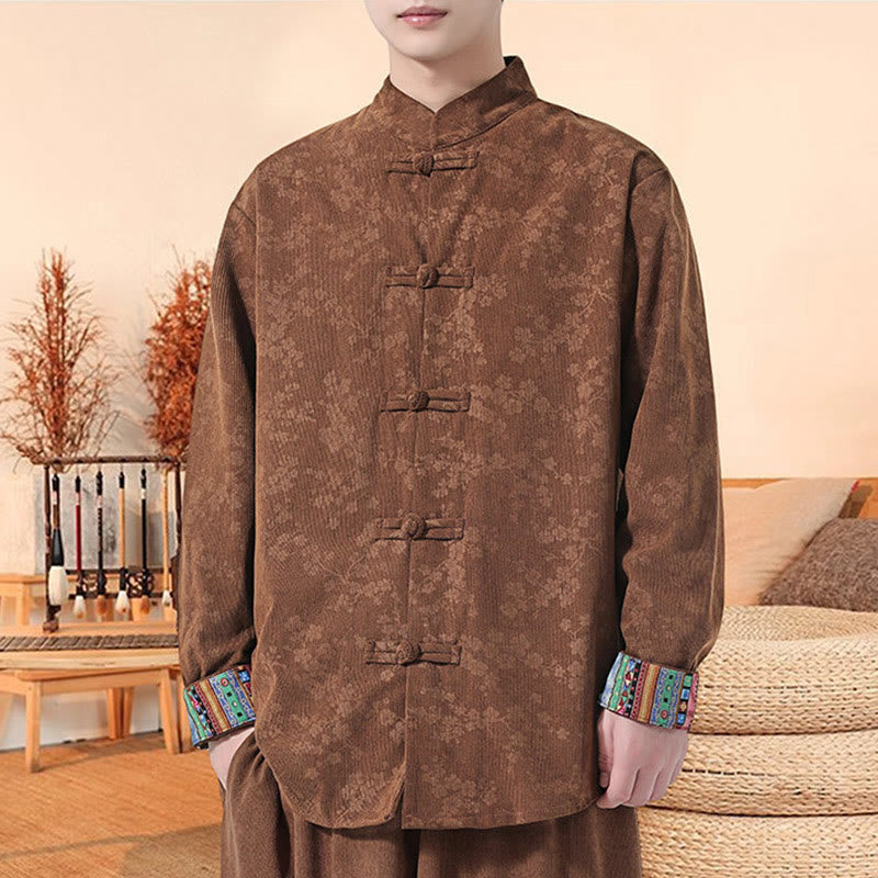 Buddha Stones Plain Plum Blossom Pattern Long Sleeve Men's Cotton Corduroy Tang Suit Jacket - image 17