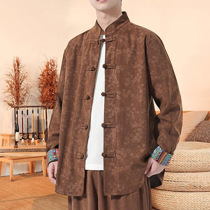 Buddha Stones Plain Plum Blossom Pattern Long Sleeve Men's Cotton Corduroy Tang Suit Jacket - image 16