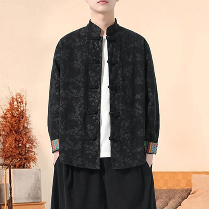 Buddha Stones Plain Plum Blossom Pattern Long Sleeve Men's Cotton Corduroy Tang Suit Jacket - image 5