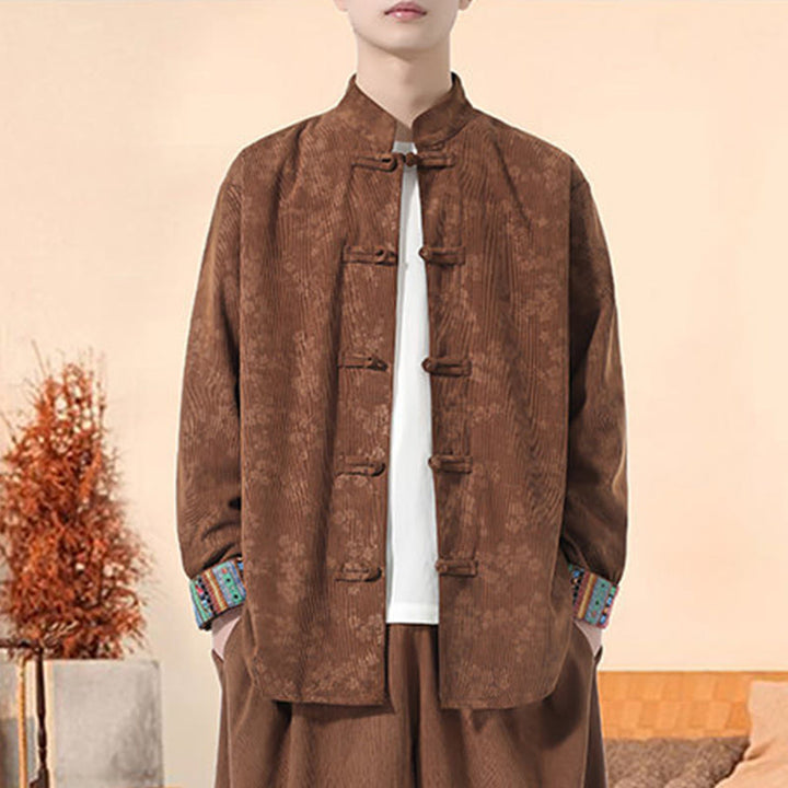 Buddha Stones Plain Plum Blossom Pattern Long Sleeve Men's Cotton Corduroy Tang Suit Jacket - image 15